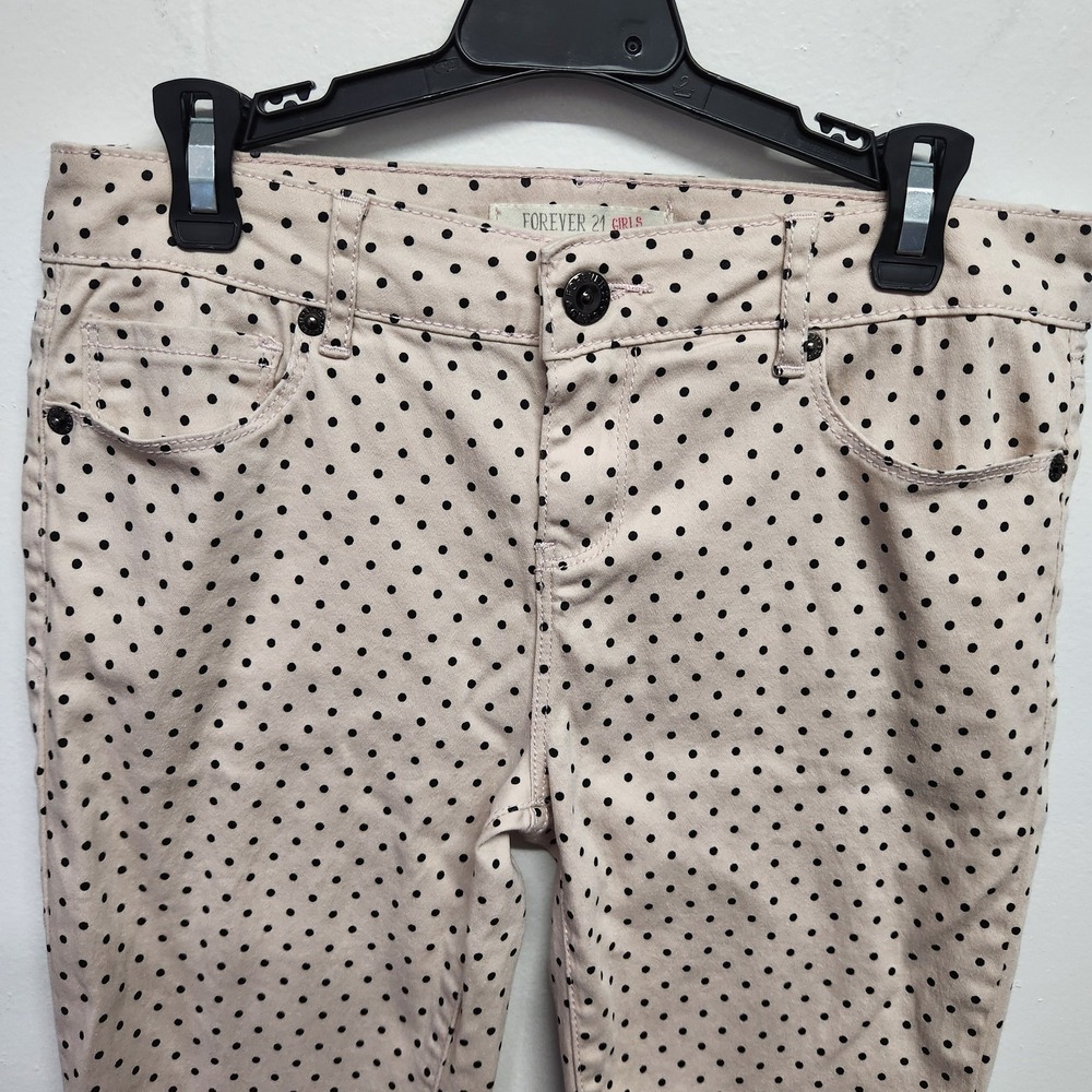 Forever 21 Pants Girls 11/12 Pink Black Polka Dot Skinny Stretch Youth Cotton - Picture 2 of 10